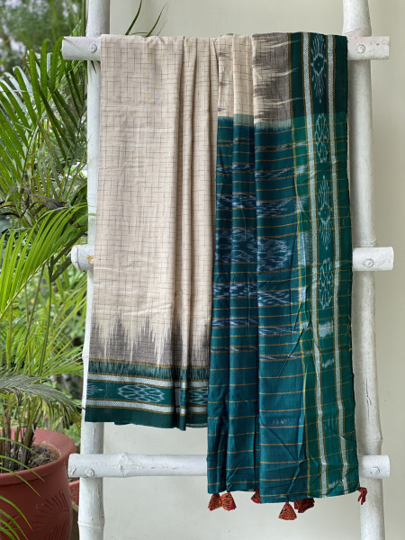 BEIGE-TEAL cotton 'JHARNA' ODISHA ikkat woven sari