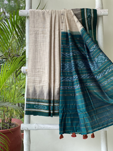 BEIGE-TEAL cotton 'JHARNA' ODISHA ikkat woven sari