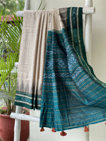 BEIGE-TEAL cotton 'JHARNA' ODISHA ikkat woven sari
