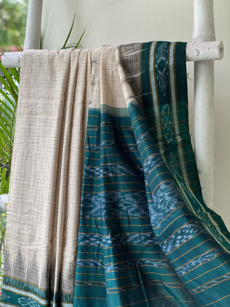 BEIGE-TEAL cotton 'JHARNA' ODISHA ikkat woven sari