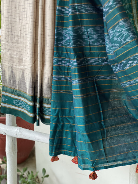 BEIGE-TEAL cotton 'JHARNA' ODISHA ikkat woven sari