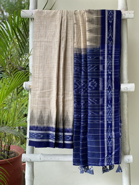 BEIGE-INDIGO cotton 'JHARNA' ODISHA  ikkat woven sari