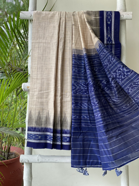 BEIGE-INDIGO cotton 'JHARNA' ODISHA  ikkat woven sari