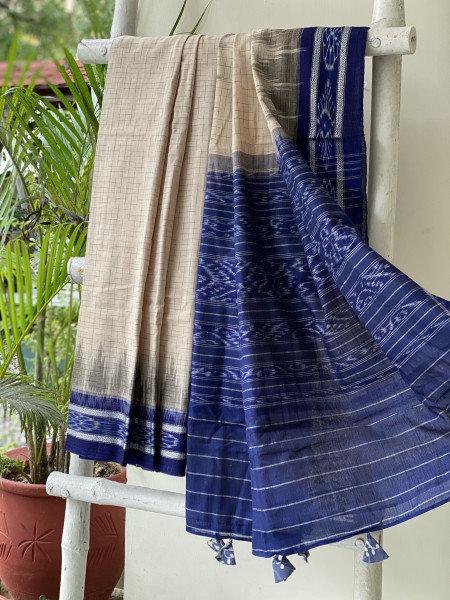 BEIGE-INDIGO cotton 'JHARNA' ODISHA  ikkat woven sari