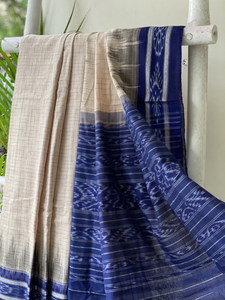 BEIGE-INDIGO cotton 'JHARNA' ODISHA  ikkat woven sari