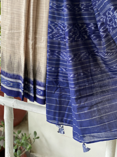 BEIGE-INDIGO cotton 'JHARNA' ODISHA  ikkat woven sari