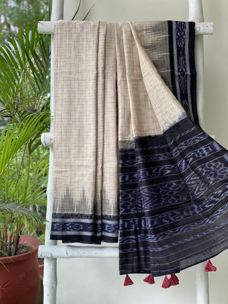 BEIGE-BLACK cotton 'JHARNA' ODISHA ikkat woven sari