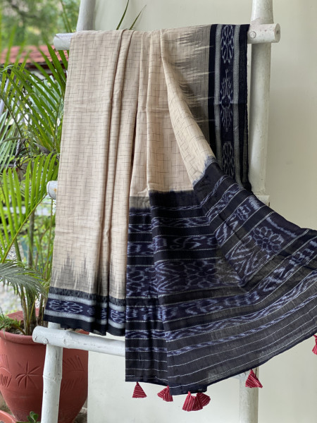 BEIGE-BLACK cotton 'JHARNA' ODISHA ikkat woven sari