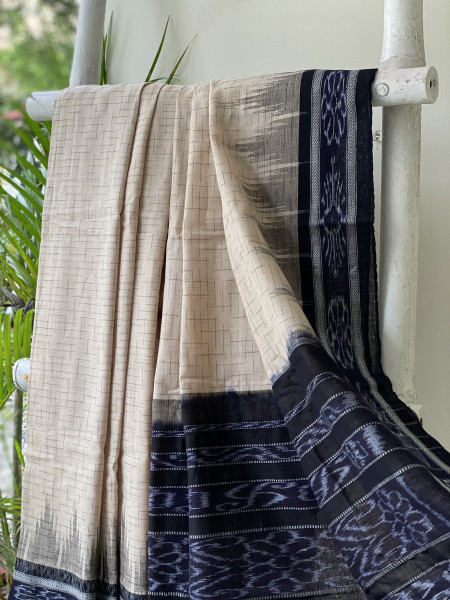 BEIGE-BLACK cotton 'JHARNA' ODISHA ikkat woven sari
