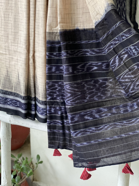 BEIGE-BLACK cotton 'JHARNA' ODISHA ikkat woven sari