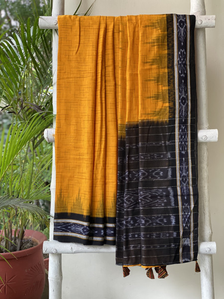 YELLOW-BLACK cotton 'JHARNA' ODISHA ikkat woven sari