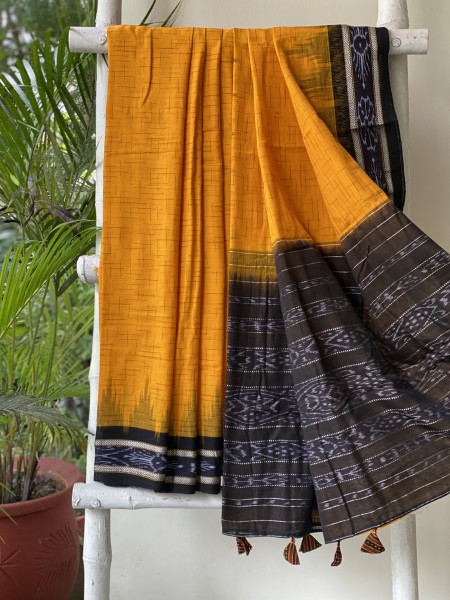 YELLOW-BLACK cotton 'JHARNA' ODISHA ikkat woven sari