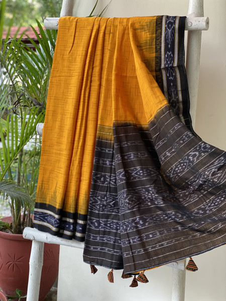 YELLOW-BLACK cotton 'JHARNA' ODISHA ikkat woven sari