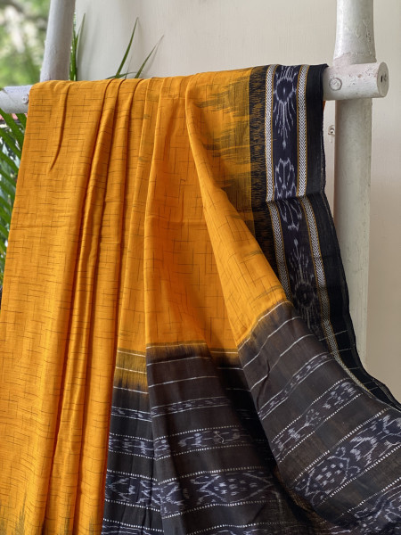 YELLOW-BLACK cotton 'JHARNA' ODISHA ikkat woven sari