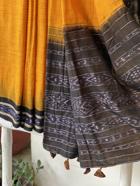 YELLOW-BLACK cotton 'JHARNA' ODISHA ikkat woven sari