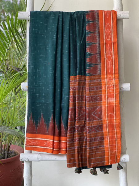 BOTTLE GREEN-ORANGE cotton 'JHARNA' ODISHA ikkat woven sari