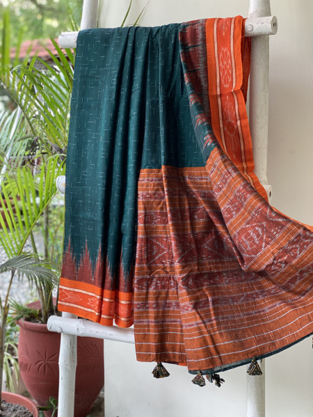BOTTLE GREEN-ORANGE cotton 'JHARNA' ODISHA ikkat woven sari