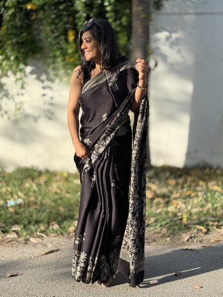 BLACK-WHITE MODAL SILK AJRAKH BLOCK PRINT SARI