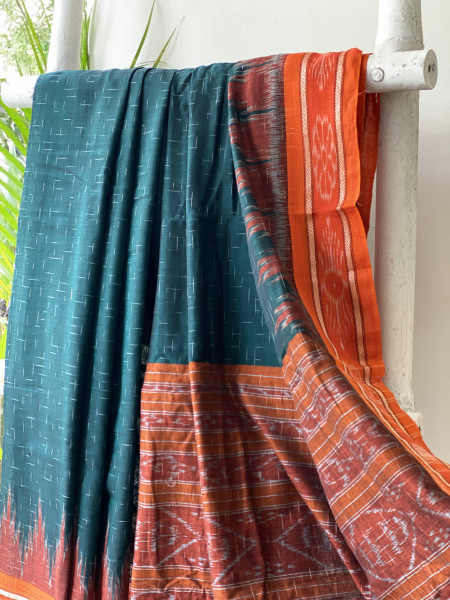 BOTTLE GREEN-ORANGE cotton 'JHARNA' ODISHA ikkat woven sari