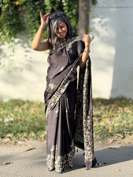 BLACK-WHITE MODAL SILK AJRAKH BLOCK PRINT SARI