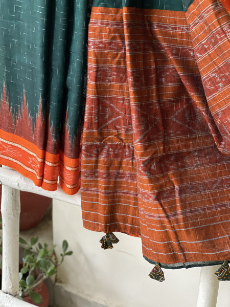BOTTLE GREEN-ORANGE cotton 'JHARNA' ODISHA ikkat woven sari