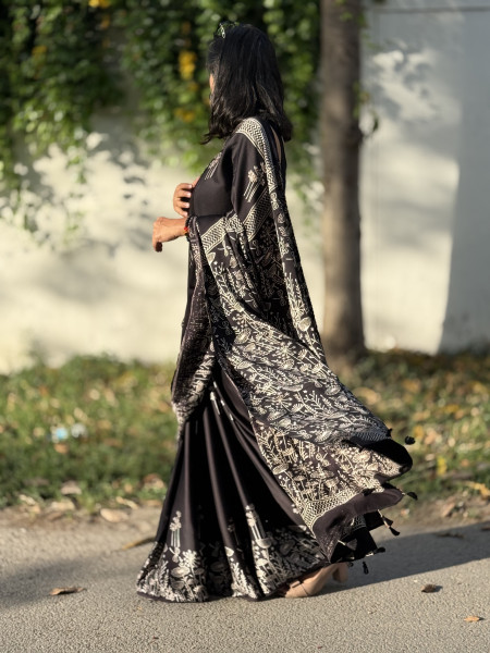 BLACK-WHITE MODAL SILK AJRAKH BLOCK PRINT SARI