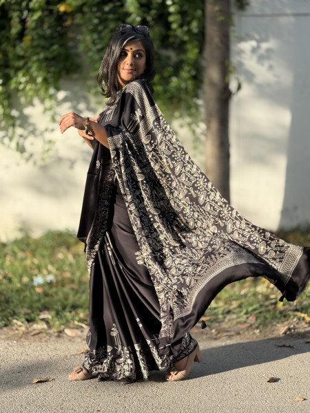 BLACK-WHITE MODAL SILK AJRAKH BLOCK PRINT SARI