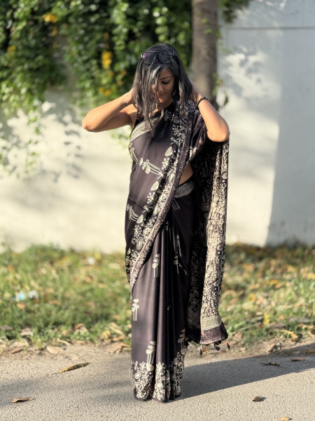 BLACK-WHITE MODAL SILK AJRAKH BLOCK PRINT SARI