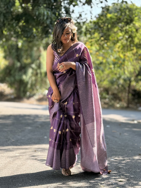 PURPLE KORA SILK HAND EMBROIDERED SARI