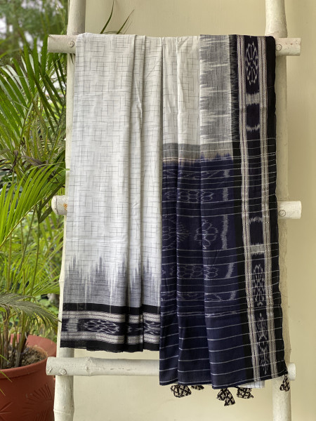 WHITE-BLACK cotton 'JHARNA' ODISHA ikkat woven sari