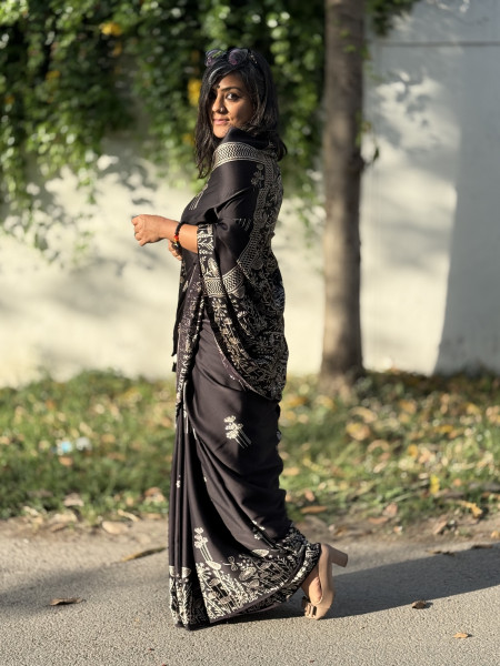 BLACK-WHITE MODAL SILK AJRAKH BLOCK PRINT SARI