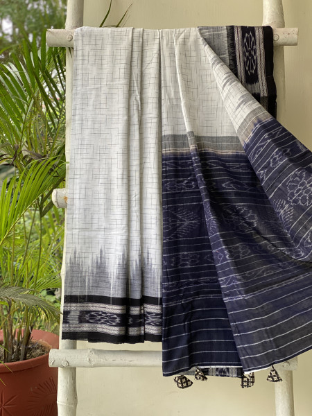 WHITE-BLACK cotton 'JHARNA' ODISHA ikkat woven sari