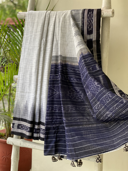 WHITE-BLACK cotton 'JHARNA' ODISHA ikkat woven sari