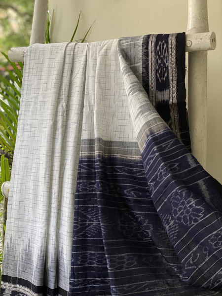 WHITE-BLACK cotton 'JHARNA' ODISHA ikkat woven sari