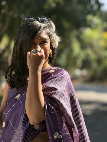 PURPLE KORA SILK HAND EMBROIDERED SARI