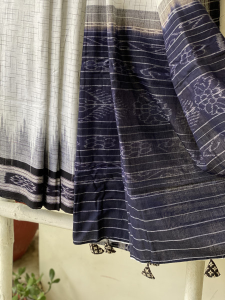 WHITE-BLACK cotton 'JHARNA' ODISHA ikkat woven sari