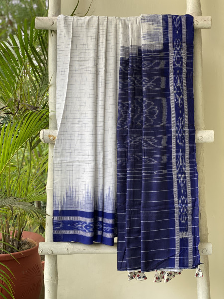 WHITE-INDIGO cotton 'JHARNA' ODISHA  ikkat woven sari