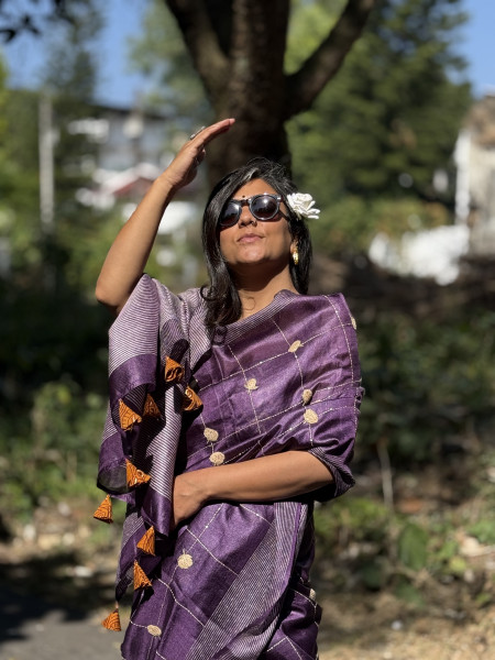 PURPLE KORA SILK HAND EMBROIDERED SARI