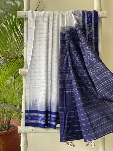WHITE-INDIGO cotton 'JHARNA' ODISHA  ikkat woven sari