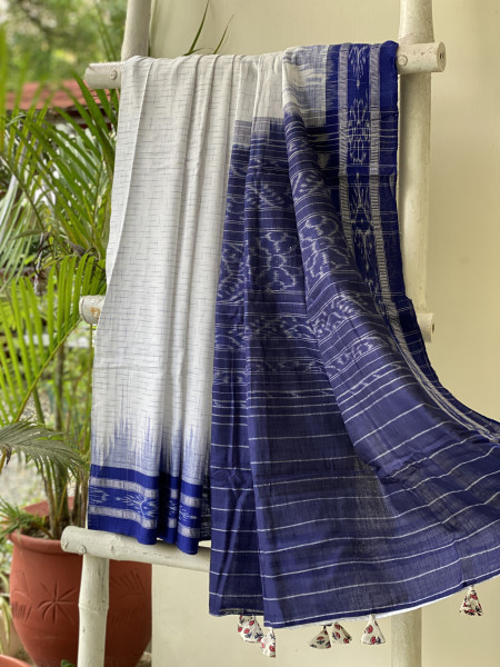 WHITE-INDIGO cotton 'JHARNA' ODISHA  ikkat woven sari