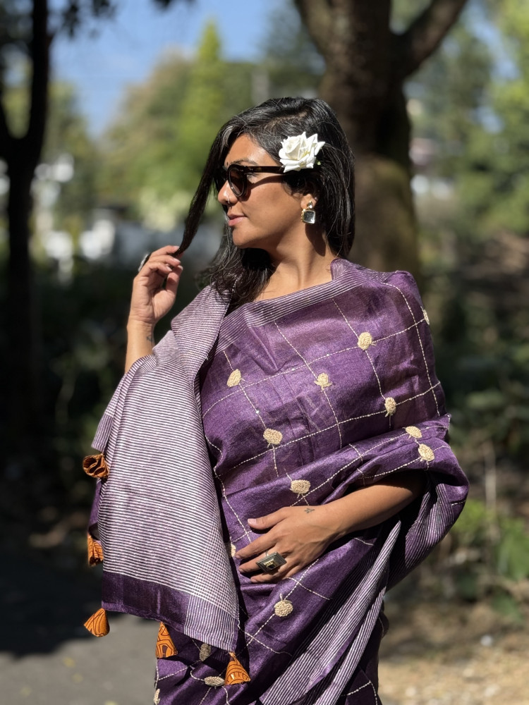Image of PURPLE KORA SILK HAND EMBROIDERED SARI