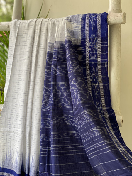 WHITE-INDIGO cotton 'JHARNA' ODISHA  ikkat woven sari