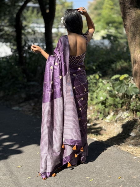 PURPLE KORA SILK HAND EMBROIDERED SARI