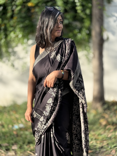 BLACK-WHITE MODAL SILK AJRAKH BLOCK PRINT SARI