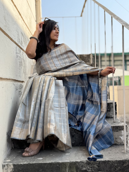 GREY-BLUE HAND WOVEN TUSSAR SILK SARI