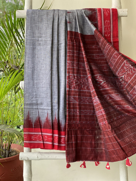 GREY-RED cotton 'JHARNA' ODISHA ikkat woven sari