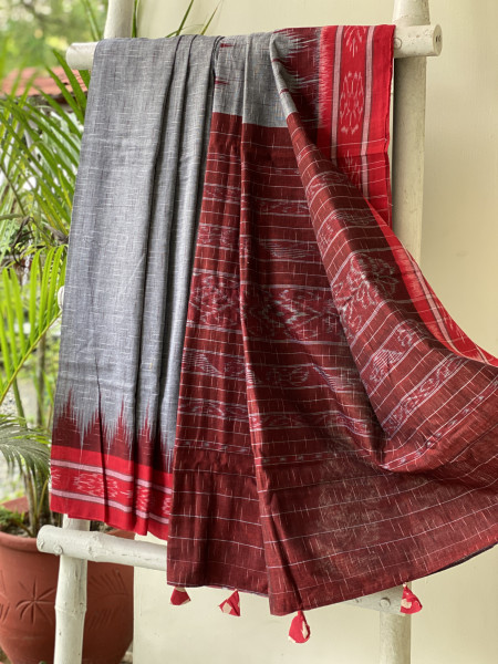GREY-RED cotton 'JHARNA' ODISHA ikkat woven sari