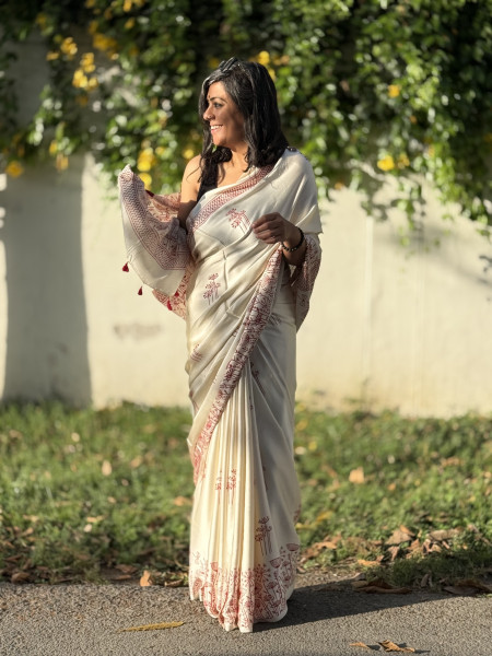 OFF WHITE-RED MODAL SILK AJRAKH BLOCK PRINT SARI