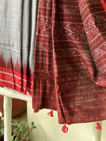 GREY-RED cotton 'JHARNA' ODISHA ikkat woven sari