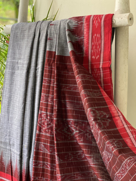 GREY-RED cotton 'JHARNA' ODISHA ikkat woven sari